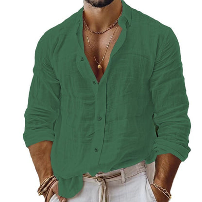 Men's Collarless Long-sleeve Linen Shirt