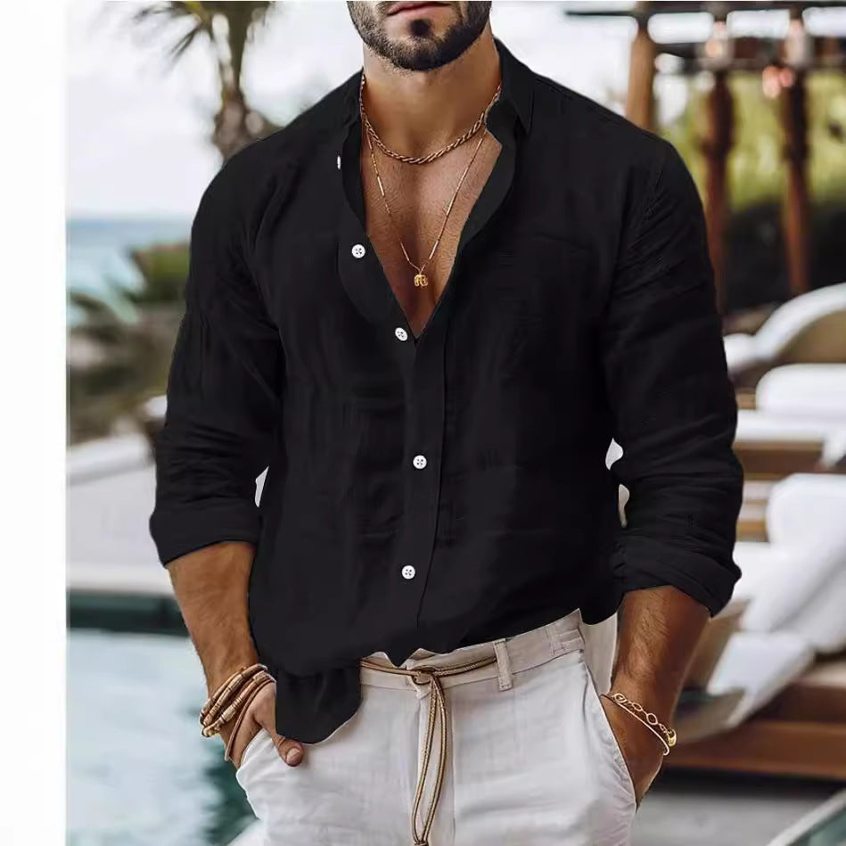 Men's Collarless Long-sleeve Linen Shirt
