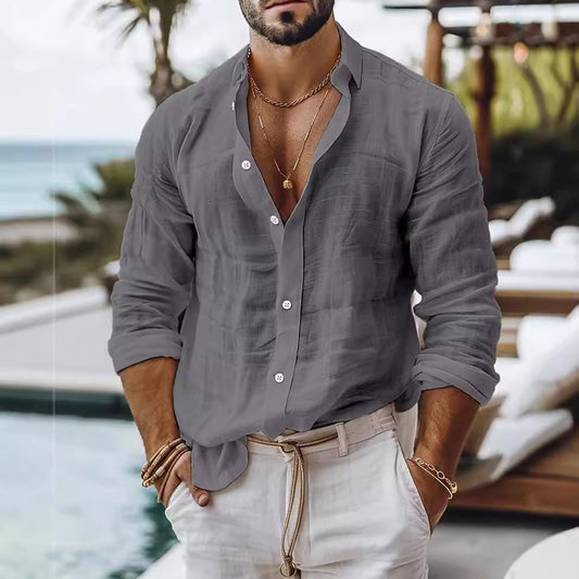 Men's Collarless Long-sleeve Linen Shirt