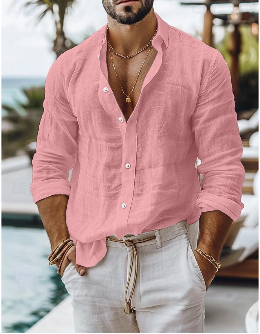 Men's Collarless Long-sleeve Linen Shirt