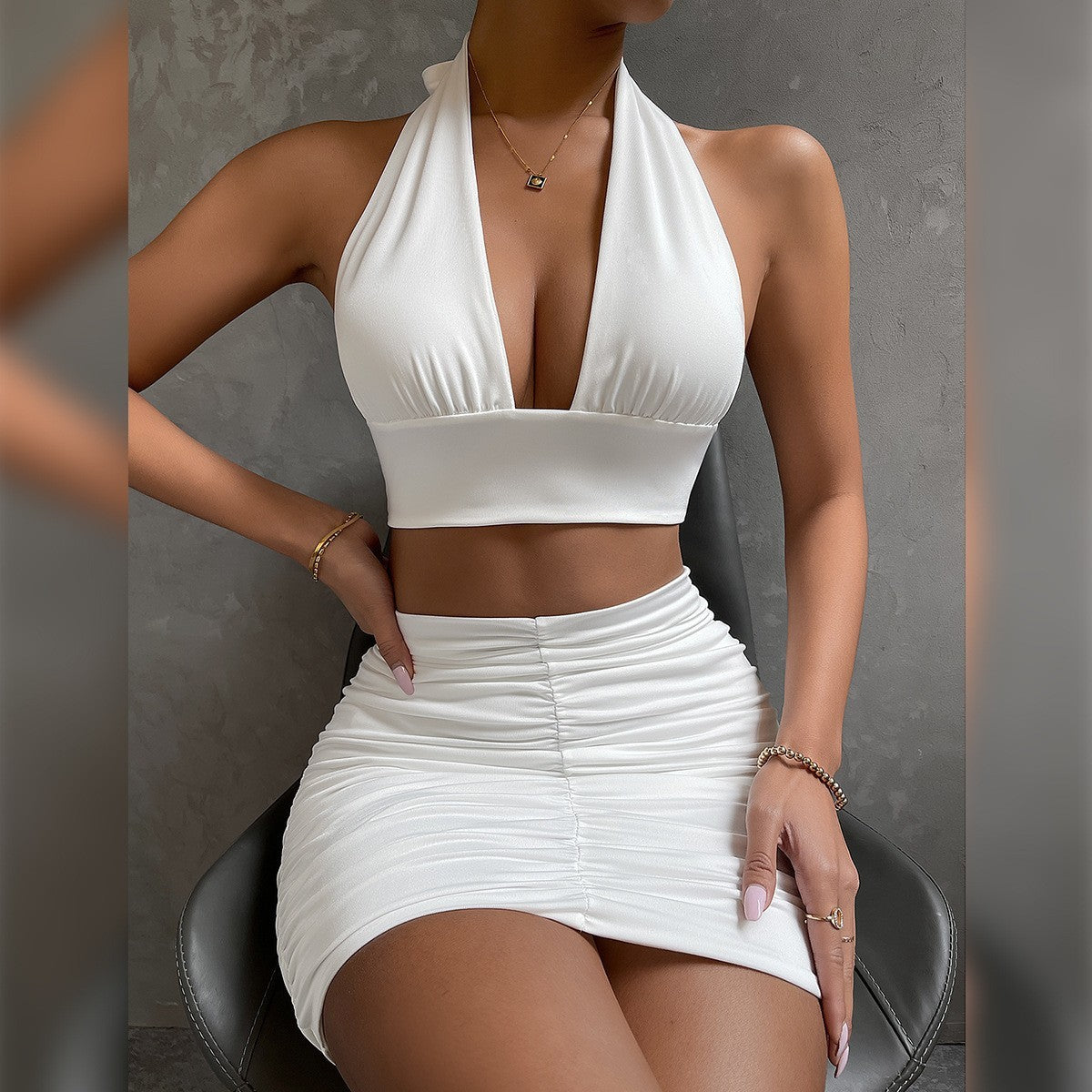 Halter Lace-up Top And Pleated Skirt 2pc Set