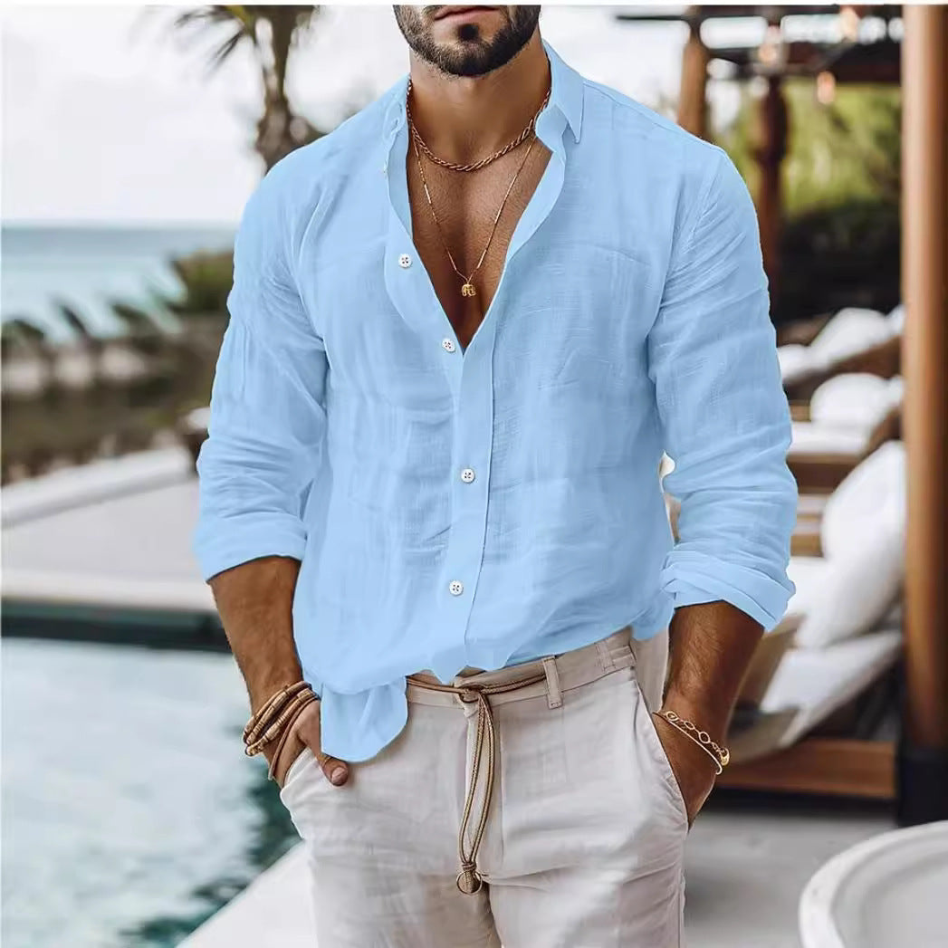 Men's Collarless Long-sleeve Linen Shirt