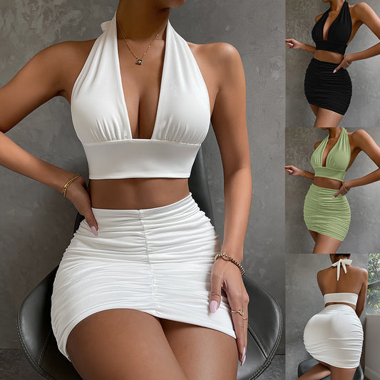 Halter Lace-up Top And Pleated Skirt 2pc Set